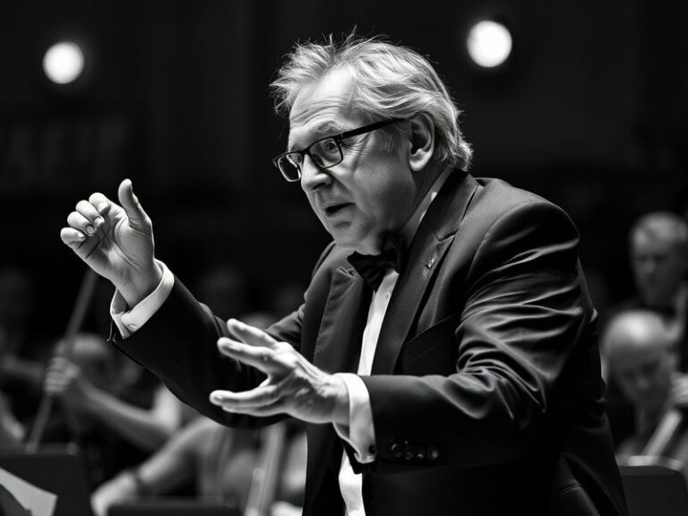 A formal portrait of Michael Tilson Thomas conducting in a concert hall, wearing a black tuxedo, baton in hand, with an orche