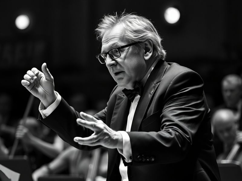 A formal portrait of Michael Tilson Thomas conducting in a concert hall, wearing a black tuxedo, baton in hand, with an orche
