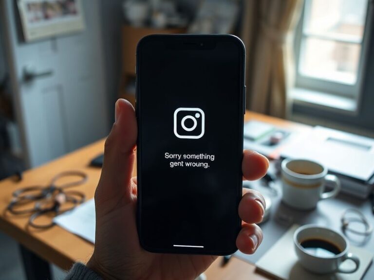 A frustrated person holding a smartphone with an Instagram Stories error message, surrounded by tech icons like Wi-Fi signals