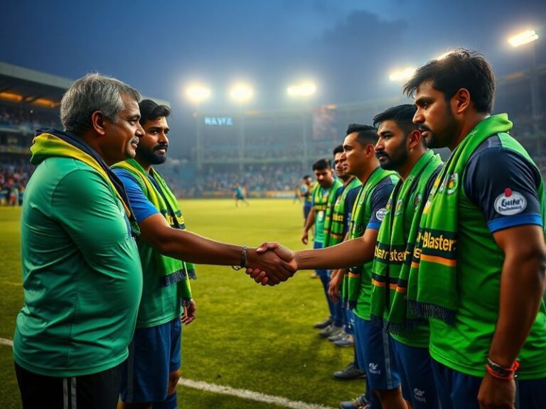 A vibrant stadium scene showing Kerala Blasters fans in black and gold scarves facing Odisha FC supporters in blue and red, w