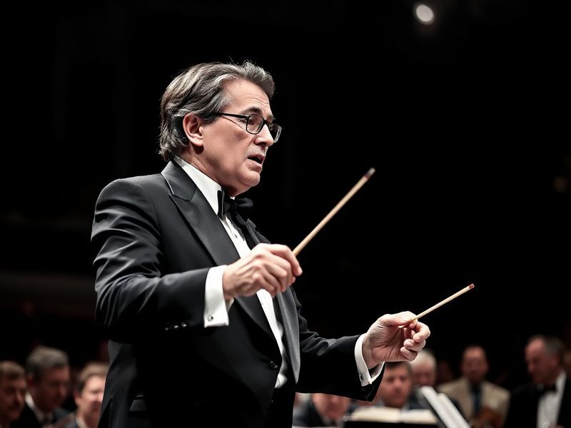 A dynamic photograph of Michael Tilson Thomas on the podium, mid-conducting gesture, with the San Francisco Symphony in the b