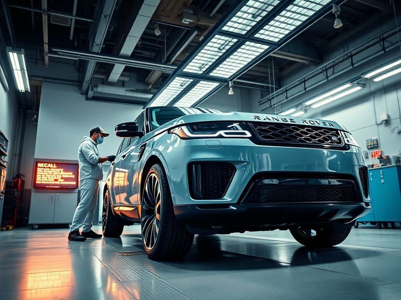 A side-by-side comparison of a Jaguar E-Pace and Land Rover Discovery in a modern dealership showroom, with a technician in t