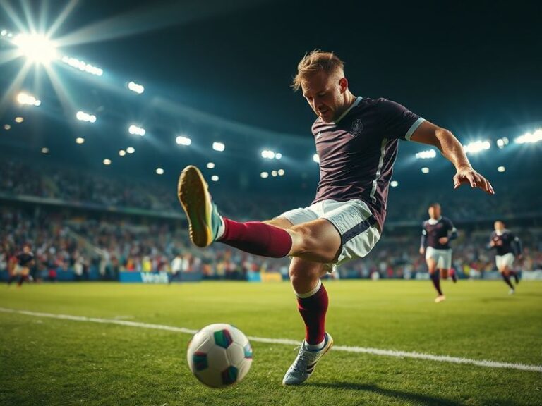 A dynamic shot of a football stadium during a match, featuring players in motion with tactical overlays and data visualizatio