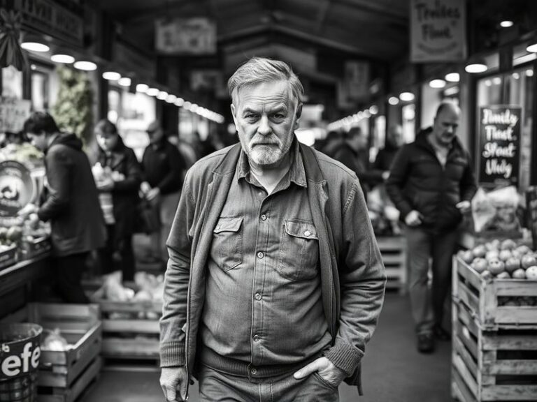 A portrait of Łukasz Litewka in a modern kitchen, wearing a chef’s jacket, holding a wooden spoon over a simmering pot. The b