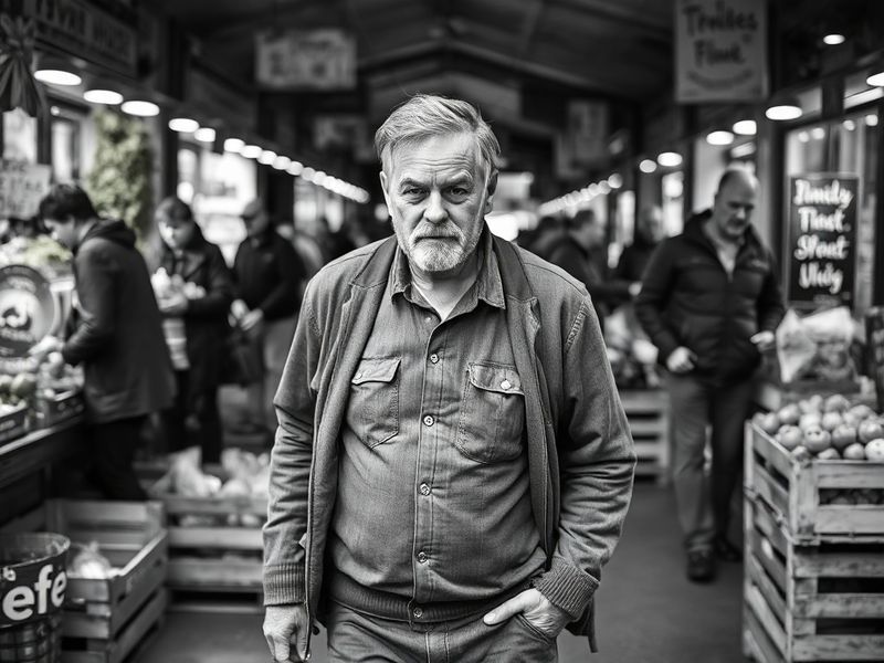 A portrait of Łukasz Litewka in a modern kitchen, wearing a chef’s jacket, holding a wooden spoon over a simmering pot. The b