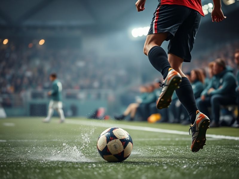 A dynamic shot of a football manager in a tactical huddle on the pitch, surrounded by players in a modern stadium. The manage