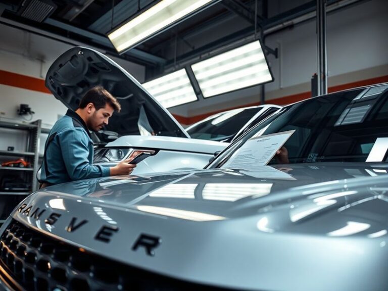 A close-up of a Jaguar Land Rover dealership service bay with technicians inspecting a vehicle under bright lighting, emphasi