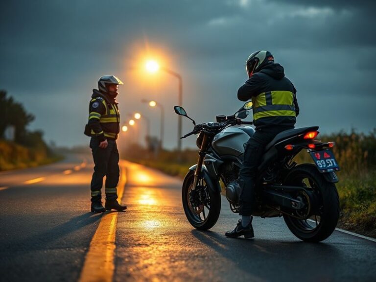 Guy Martin in racing gear standing next to a high-performance car on a wet racetrack at dusk, with police lights visible in t
