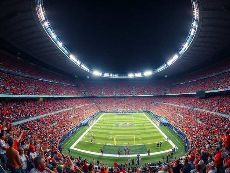 A vibrant collage of football scenes from around the world: a crowded Brazilian favela playing soccer on a dusty field, fans