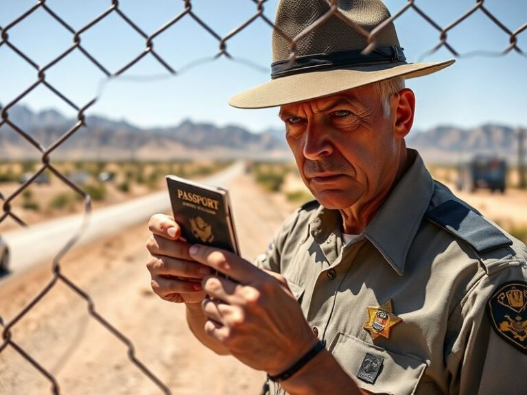 A split-image illustration showing contrasting border control scenes: on one side, a high-tech surveillance tower with drones