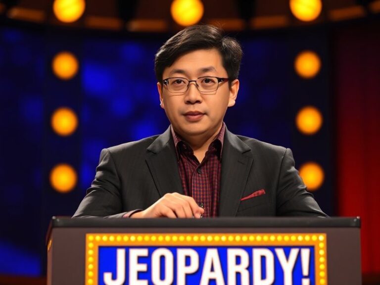 A split-screen image: on the left, Jamie Ding in a casual sweater during his Jeopardy! taping, focused and composed; on the r