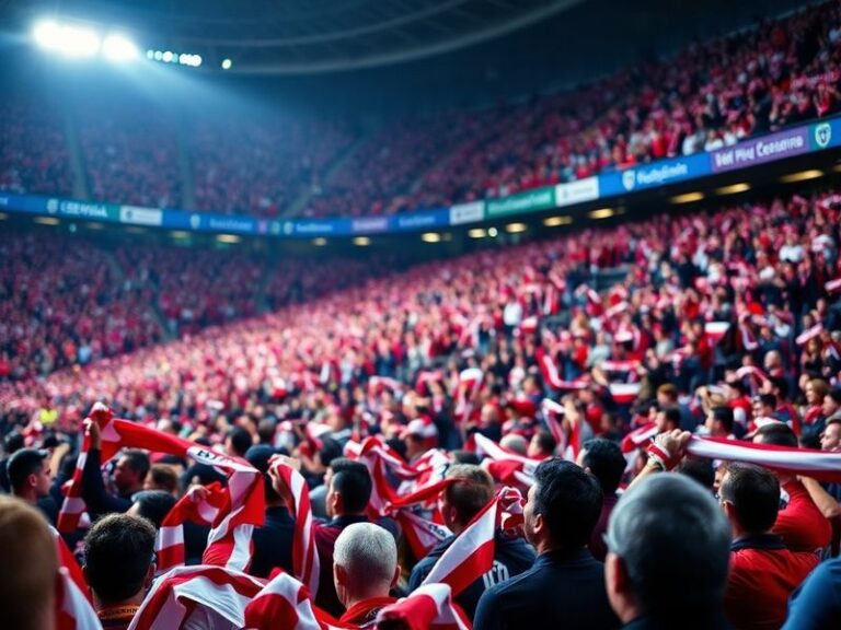 A vibrant stadium atmosphere during a Levante vs Sevilla match at Ciutat de València, with Levante fans in the foreground wav