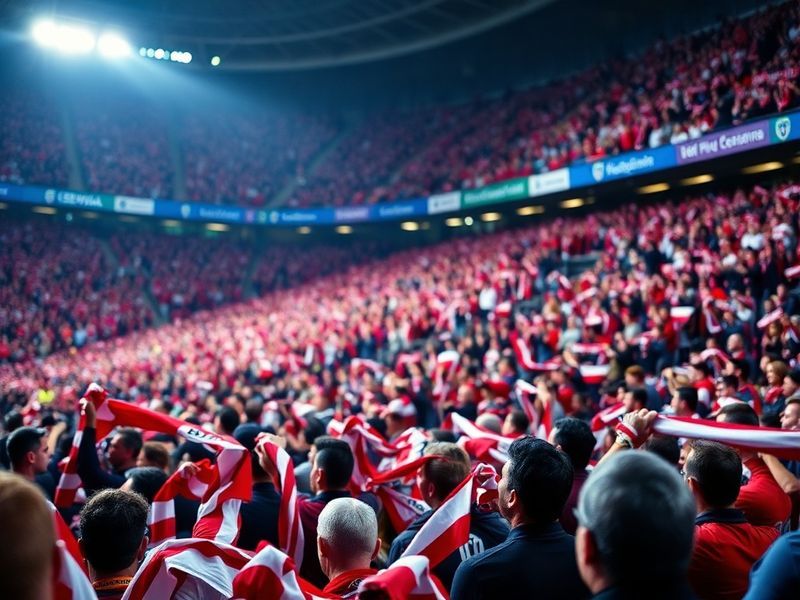 A vibrant stadium atmosphere during a Levante vs Sevilla match at Ciutat de València, with Levante fans in the foreground wav
