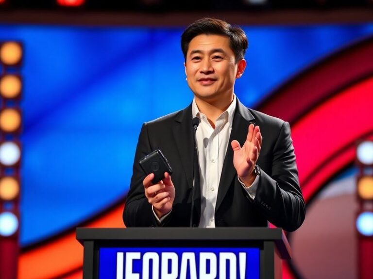 A split-screen image of Jamie Ding in his Jeopardy! champion outfit on the left, and on the right, a close-up of his hands po