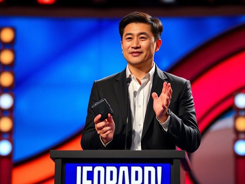 A split-screen image of Jamie Ding in his Jeopardy! champion outfit on the left, and on the right, a close-up of his hands po
