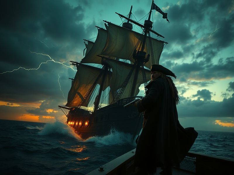 A cinematic shot of Edward Kenway standing on the deck of the Jackdaw, sailing through a vibrant Caribbean sunset with ships
