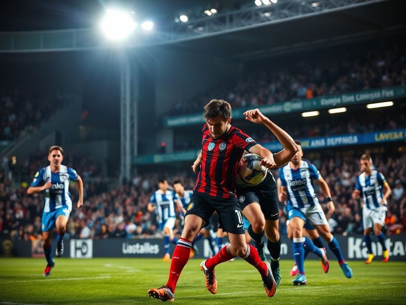A vibrant shot of Rayo Vallecano's Vallecas stadium packed with fans, showing the steep stands and electric atmosphere. The a
