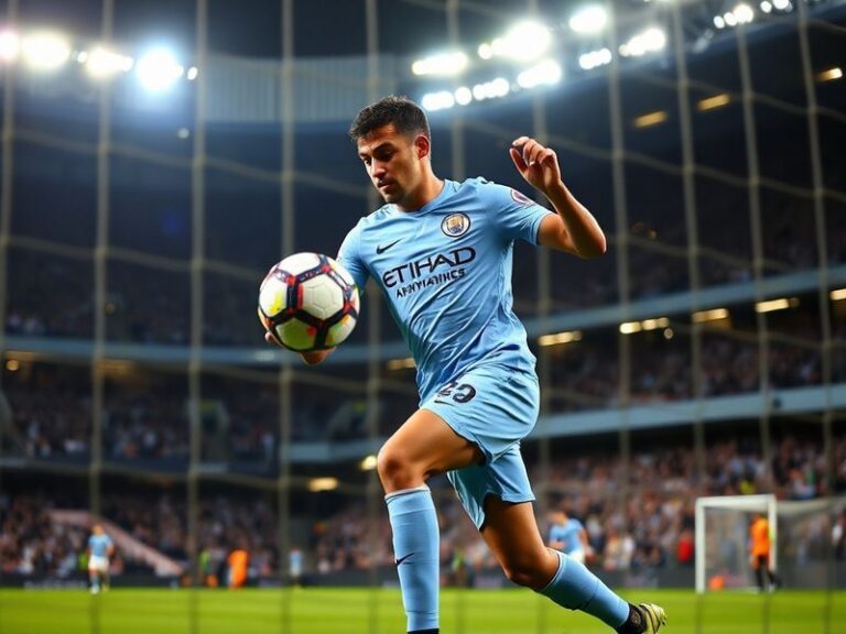 A dynamic action shot of Ruben Dias in a Manchester City kit, mid-defensive movement with the Etihad Stadium in the backgroun