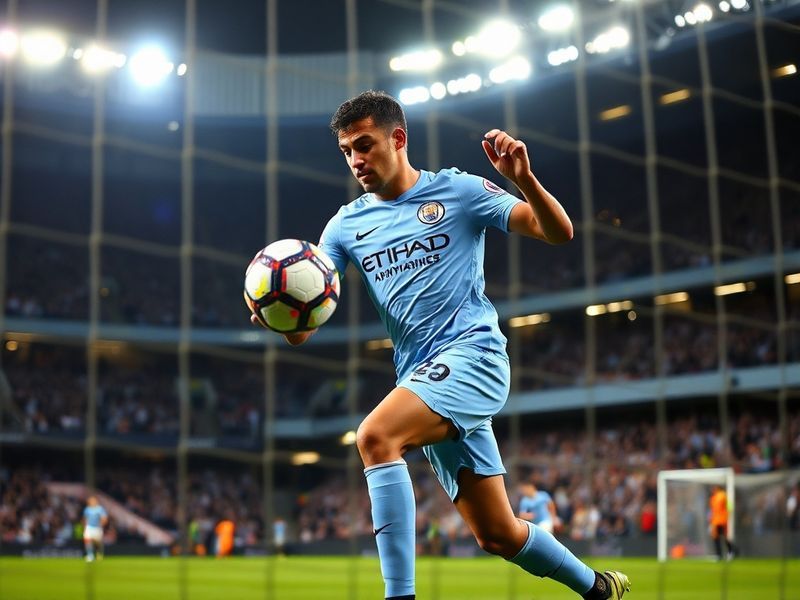 A dynamic action shot of Ruben Dias in a Manchester City kit, mid-defensive movement with the Etihad Stadium in the backgroun