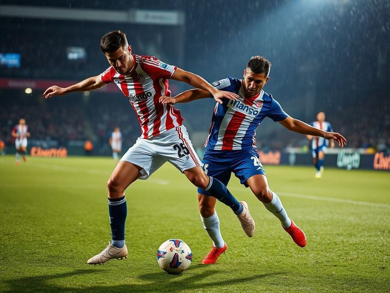 A vibrant shot of Vallecas stadium packed with Rayo Vallecano fans waving flags, with Espanyol players in dark blue and white