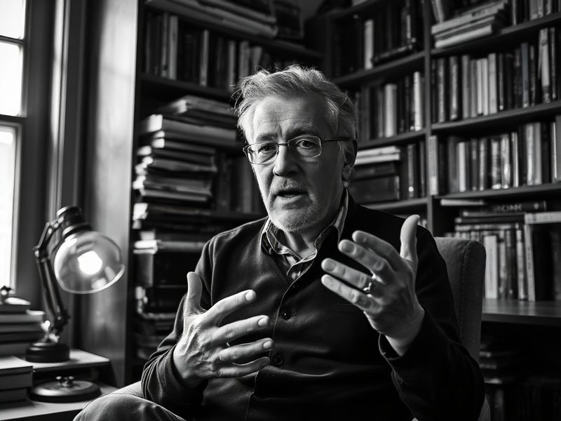 A dynamic photo of James Wood in a stadium press box, reviewing match footage on a tablet while taking notes, with blurred st