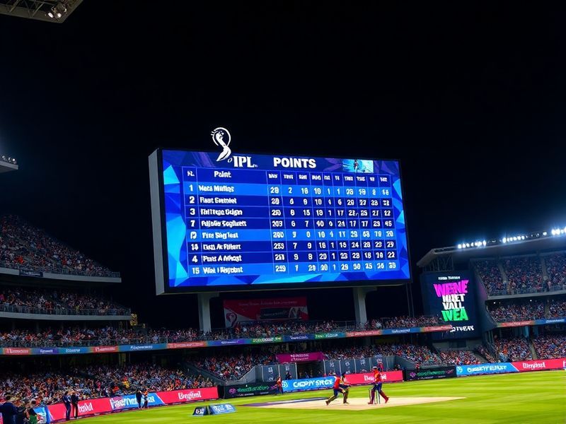 A split-screen image showing a cricket stadium in daylight with a scoreboard displaying the IPL points table on one side, and