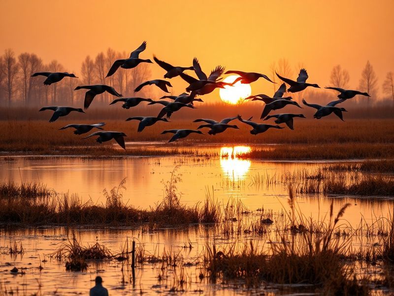 A diverse group of people following Canada geese along a serene pond in an urban park, with binoculars and cameras in hand. T