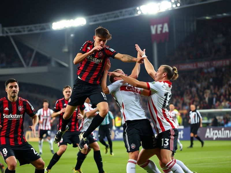 A high-energy shot of the VfB Stuttgart vs SC Freiburg match at Mercedes-Benz Arena, showing players in mid-action, fans in t