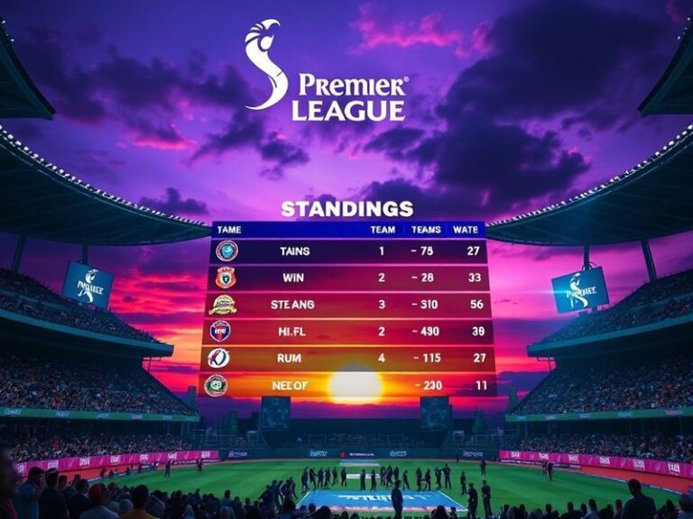 A vibrant cricket stadium packed with cheering fans, displaying a large LED screen showing the IPL 2024 standings with team l