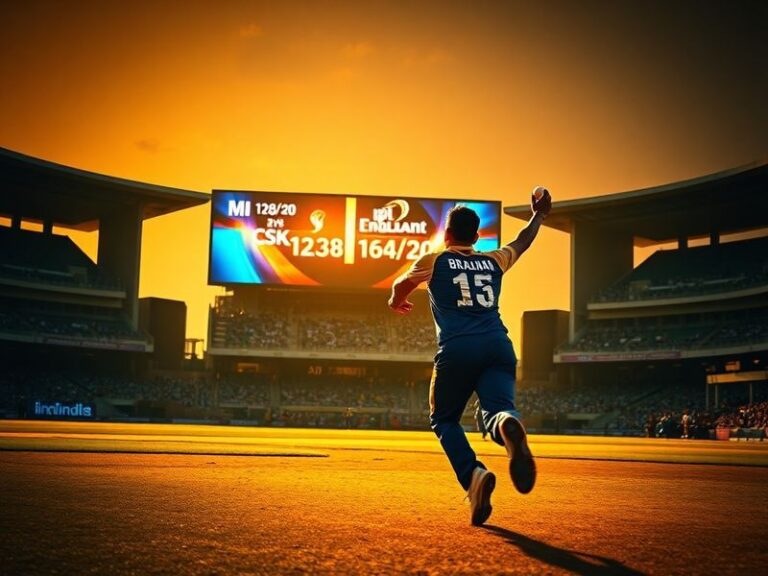 A vibrant cricket stadium filled with fans, players on the field during a match, and a digital scoreboard displaying IPL stan