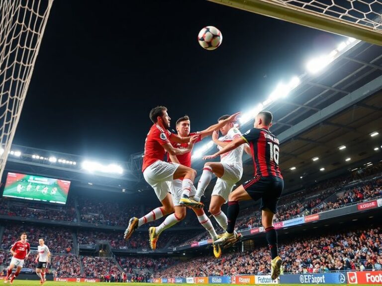 A dynamic shot of VfB Stuttgart's Serhou Guirassy scoring against SC Freiburg, with Stuttgart players celebrating and Freibur