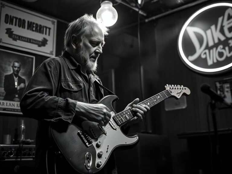 A mid-career portrait of Dave Merritt holding a fishing rod on a boat, wearing a cap and sunglasses, with a calm lake and tre
