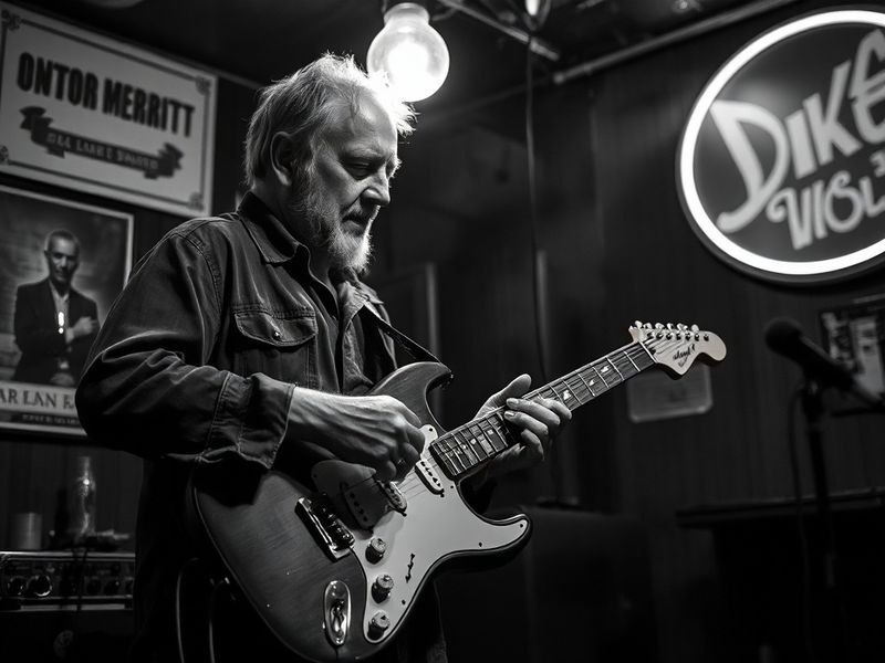 A mid-career portrait of Dave Merritt holding a fishing rod on a boat, wearing a cap and sunglasses, with a calm lake and tre
