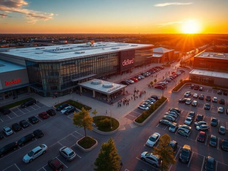 A vibrant daytime photo of the Mall of Louisiana’s exterior, featuring its modern architecture, prominent signage, and bustli