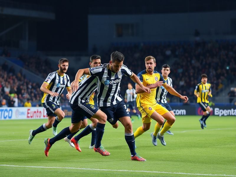A split-image visual: on one side, the historic Carlos Tartiere stadium packed with passionate Oviedo fans in blue and white;