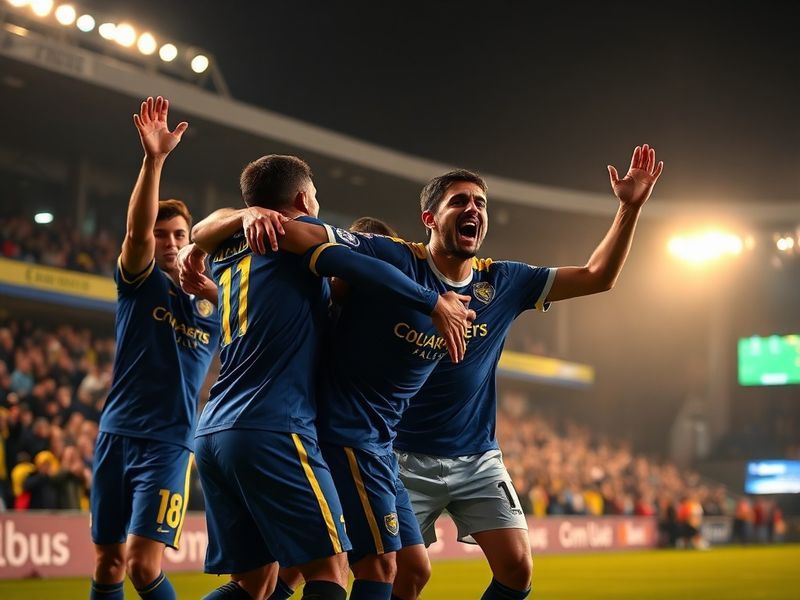 A wide-angle shot of Real Oviedo's Carlos Tartiere Stadium during a match, showing passionate fans in blue-and-white scarves,
