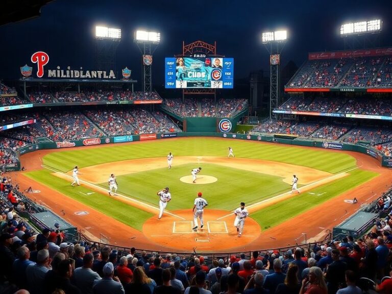 A split-screen image showing a Phillies batter swinging at Wrigley Field on the left and a Cubs pitcher in mid-throw at Citiz
