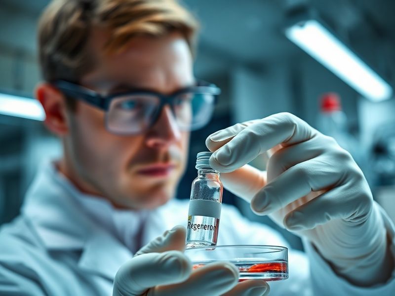 A modern laboratory interior with scientists in white coats analyzing data on computer screens, featuring a glowing antibody
