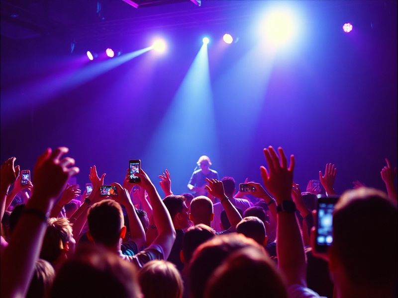 A vibrant concert scene with a diverse crowd under dynamic stage lighting, featuring silhouettes of performers on stage. The