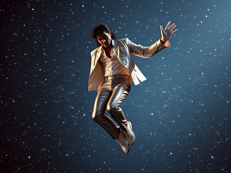 A cinematic poster of Michael Jackson performing on stage, bathed in spotlight with a global audience in the background, blen