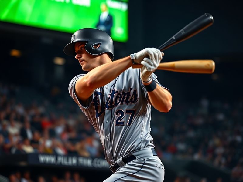 Spencer Torkelson mid-swing at Comerica Park, bat blurred in motion, wearing his Tigers uniform with a focused expression und