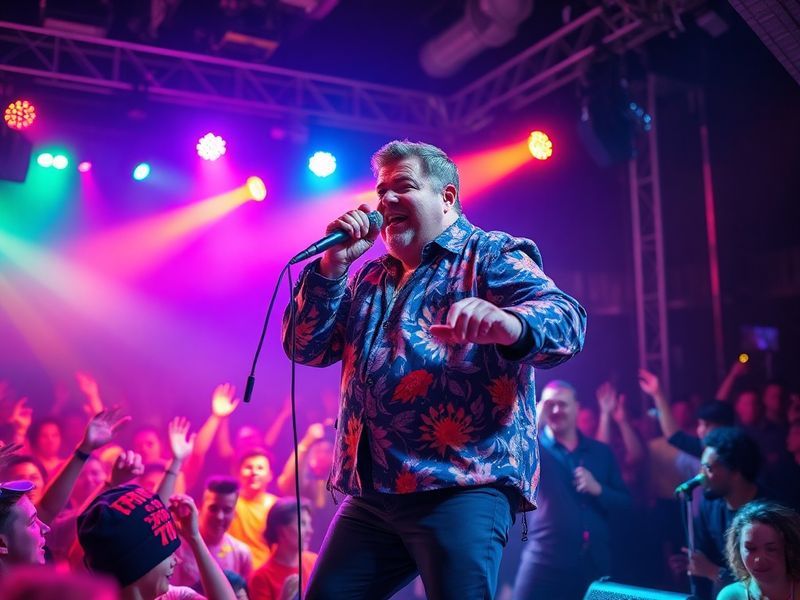 A dynamic mid-career portrait of Craig Charles in a radio studio, wearing headphones and smiling warmly, with vintage microph