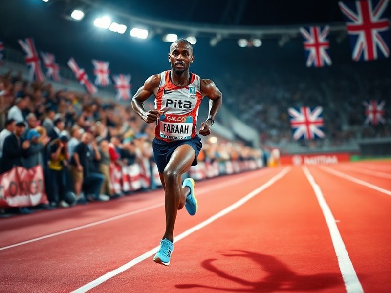 Mo Farah mid-stride on a stadium track, wearing his Team GB kit, with a focused expression and the Olympic rings visible in t