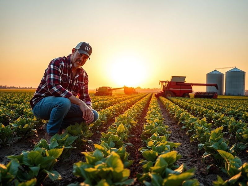 A wide-angle shot of an American farm at sunset, with rows of crops stretching into the distance, a combine harvester in the
