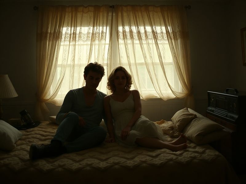 A cinematic shot of a Chicago South Side street at dusk, featuring warm streetlights, murals on brick walls, and a group of y