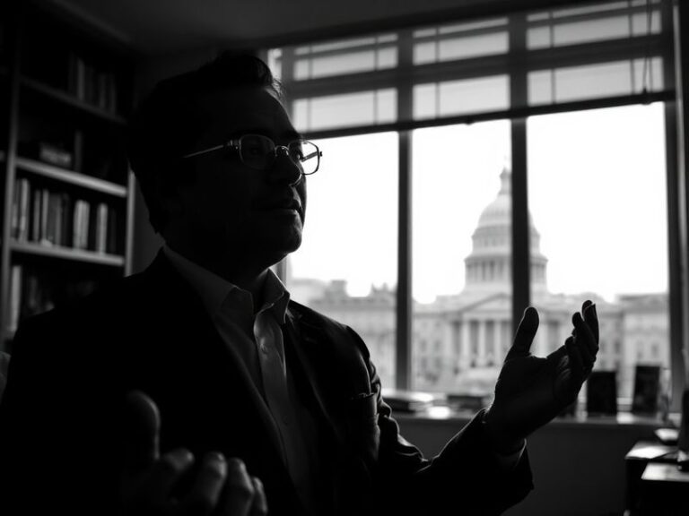 A formal portrait of Kannon Shanmugam in a dark suit, standing in a Washington D.C. law office with shelves of legal books an