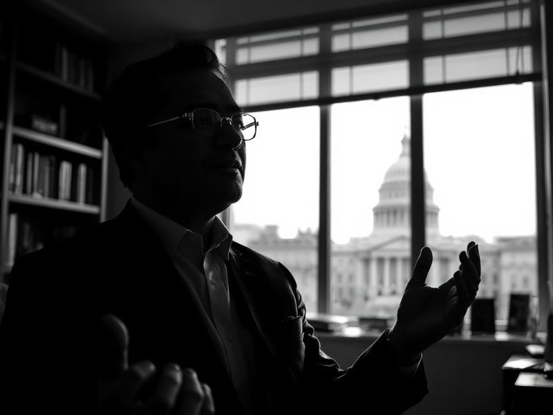 A formal portrait of Kannon Shanmugam in a dark suit, standing in a Washington D.C. law office with shelves of legal books an