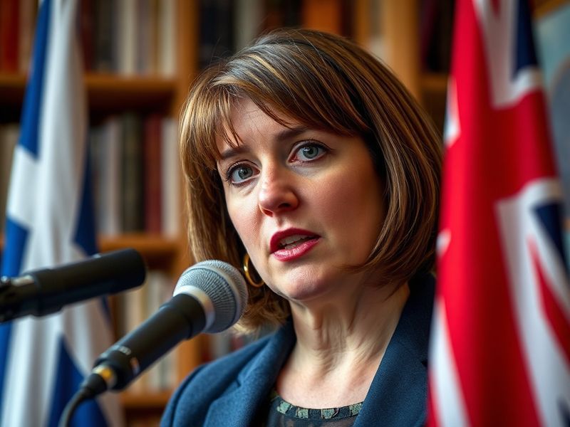 A professional portrait of Mairi McAllan speaking at a podium outdoors, with wind turbines and Scottish countryside visible i