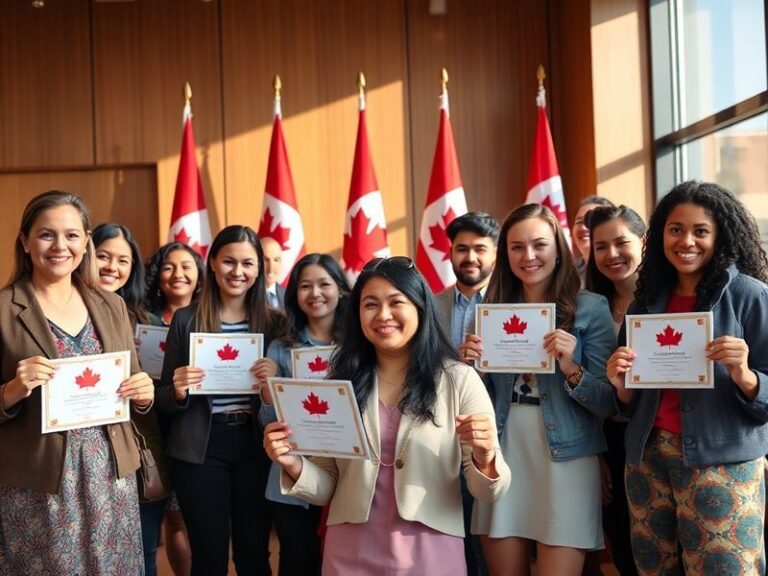 A diverse group of people standing in front of a Canadian flag, symbolizing unity and new citizenship. The scene is set in an
