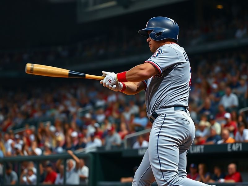 A dynamic action shot of Adolis García in a St. Louis Cardinals uniform, mid-swing at Busch Stadium with a focused expression